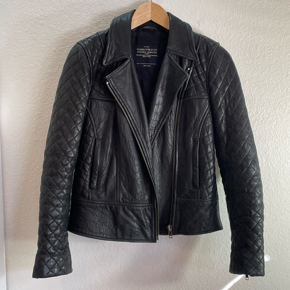 🖤 All Saints Spital Fields Quilted Leather Moto Jacket Women Size 6 🖤